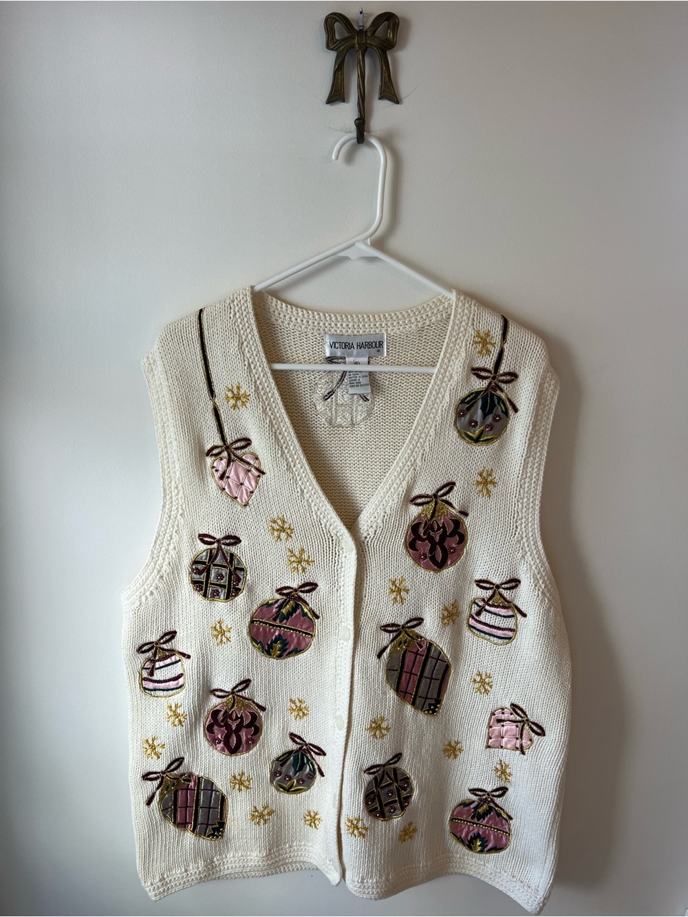 VTG Victoria Harbour Christmas Sweater Vest Ornament Beaded Embroidered Knit XL